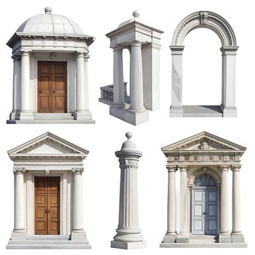 A collection of architectural elements with doors and columns