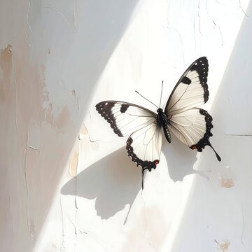 A butterfly with white and black wings on a white surface