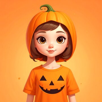 A cartoon girl with a pumpkin on her head