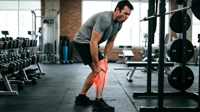 Calf Injury of a man standing in agony in a gym, gripping his lower leg with a digital anatomical pain highlight.