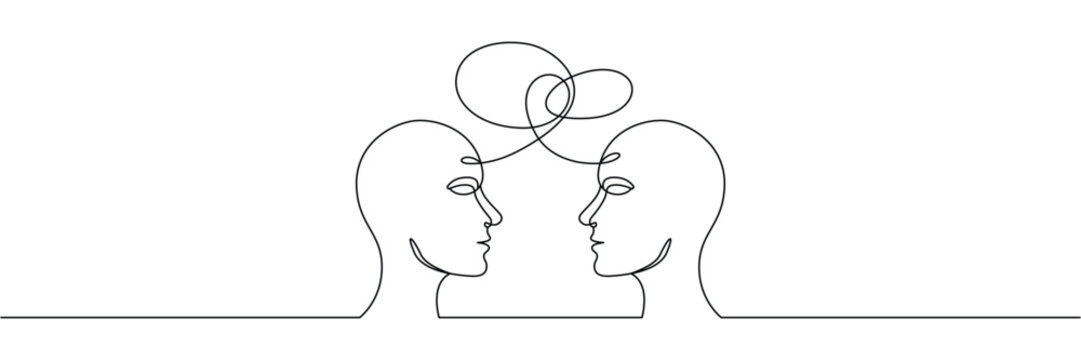 Continuous one line drawing of two human heads facing each other with connected speech bubble loops. Editable stroke outline. Single contour art. Doodle hand drawn vector illustration