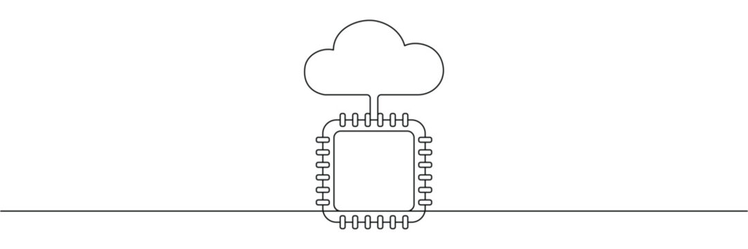 Continuous one line drawing of a computer processor chip connected to a digital cloud network. Editable stroke outline. Single contour art. Doodle hand drawn vector illustration