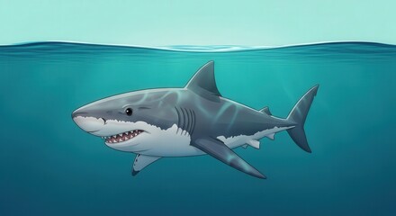 Fototapeta premium Realistic Illustration of a Great White Shark Swimming in Ocean Waters