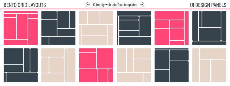 Bento grid abstract compositions with rounded tiles and bold geometric blocks. Modular layout system for web interfaces, dashboards and modern posters.
