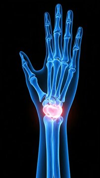 Wrist Joint Injury of a detailed 3D anatomical illustration showcasing the carpal bones of the human wrist, with a specific area highlighted in red to indicate injury or pain.
