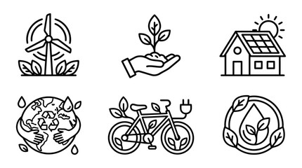 Sustainable technology outline icons with wind turbine eco house green transport energy © trirama17