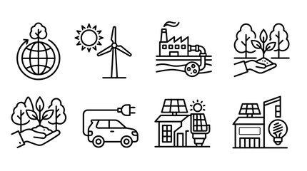 Eco sustainability outline icons with renewable energy trees electric car recycling © trirama17