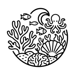 Obraz premium Coral reef outline icon with fish octopus coral marine biodiversity ocean ecosystem