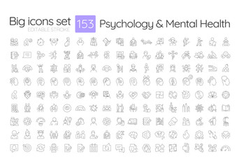Fototapeta premium Psychology and mental health line icons big set. Psychotherapy sessions. Studying mind and behavior patterns iconset outline pictograms. Isolated linear vector illustrations. Editable stroke