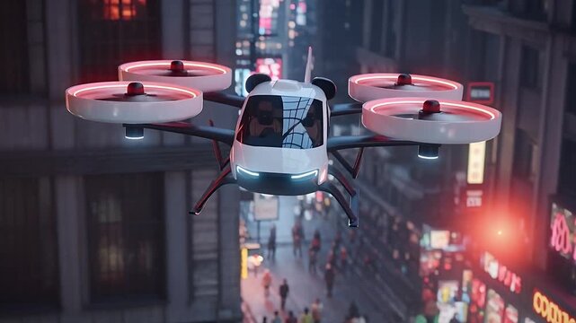 A futuristic drone-like aircraft flying over a vibrant, illuminated city at night, showcasing urban air mobility.