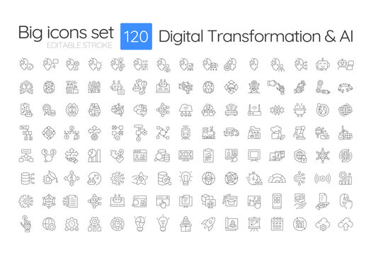 Digital transformation and AI line icons big set. Machine learning. Futuristic technology integration iconset outline pictograms. Isolated linear vector illustrations. Editable stroke