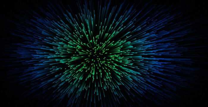Vibrant green and blue light streaks exploding from center against black background for futuristic technology and digital design elements