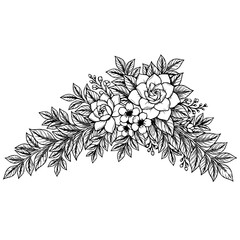 Elegant hand-drawn floral arrangement with flowers and leaves, ideal for wedding, botanical, and decoration themed designs. © sketsa