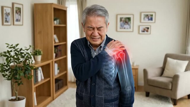 Shoulder Joint Injury of an Elderly Asian Man Gripped by Aching Pain, Visually Represented with Glowing Joint and Bone