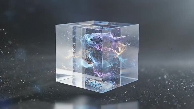 A transparent cube contains colorful abstract shapes on a dark speckled surface.