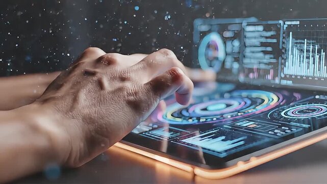 Person interacting with futuristic holographic interface on tablet device