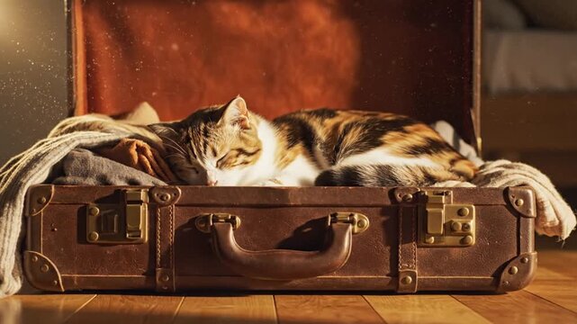 Calico cat sleeping in an open vintage suitcase while dust particles float above its head in sunlight