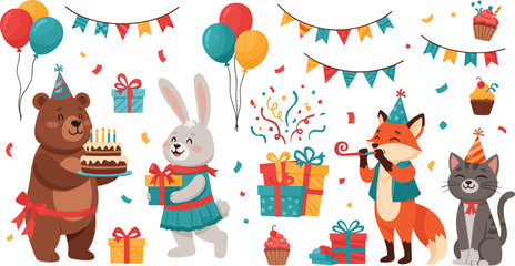 Obraz premium Cute Animal Birthday Party Collection with Bear Rabbit Fox Cat Cake Balloons Gifts and Celebration Decorations Cartoon Vector Illustration Set