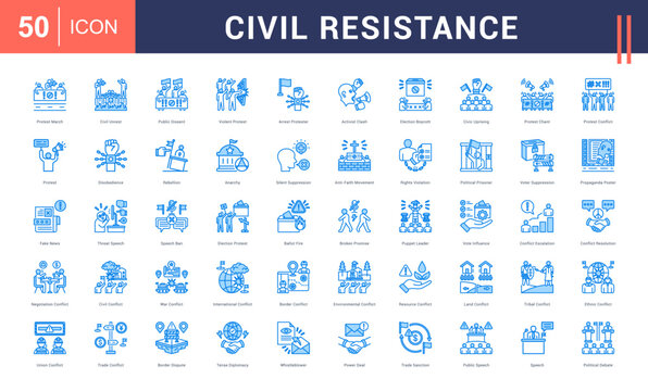 Civil Resistance Icon Set. protest march, civil unrest, public dissent, violent protest, arrest protester and more. Blue vector icons collection.