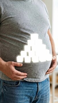 Obesity weight loss bmi man male adult belly fat abdomen stomach health risk sugar cubes unhealthy high calorie diet metabolic syndrome concern lifestyle change motivation medical patch highlighting