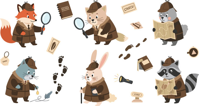 Cute Animal Detective Characters Collection with Fox Cat Rabbit Raccoon Investigators Magnifying Glass Clues and Mystery Elements Vector Illustration Set