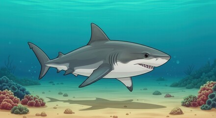 Naklejka premium Realistic Illustration of a Shark Swimming in an Underwater Marine Environment