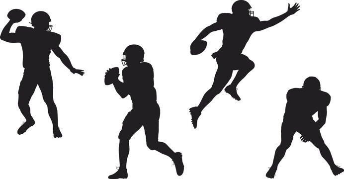 American football player silhouettes, quarterback throwing pass, running back action, athletes isolated, dynamic sports competition, team training, professional motion concept