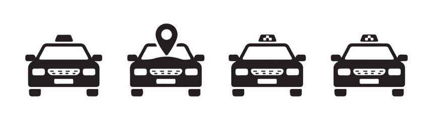 Obraz premium Taxi car icon set, front view of taxi vehicle, public transportation symbol, cab service isolated on white