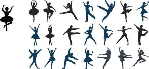 ballet dancer silhouettes collection, classical ballet dance poses set, graceful ballerina performance isolated black dancing silhouettes illustration © Md