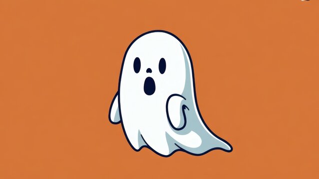 Cute cartoon ghost with surprised expression on orange background.