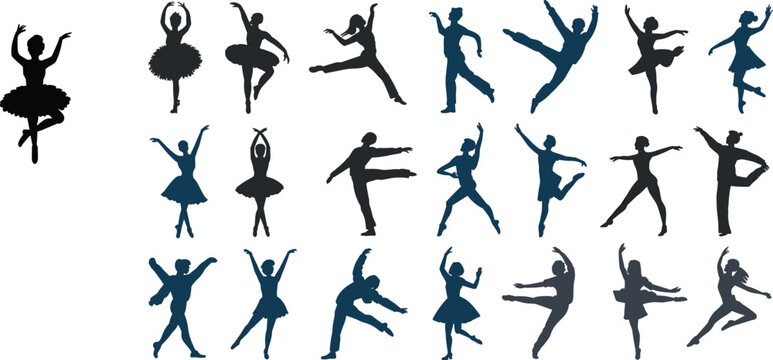 ballet dancer silhouettes collection, classical ballet dance poses set, graceful ballerina performance isolated black dancing silhouettes illustration