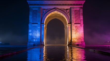 Fototapeta premium Archway Structure Illuminated with Vibrant Night Lights Reflected on a Body of Water