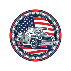 Fototapeta premium Vintage military vehicle patch with american flag design on circular embroidery.