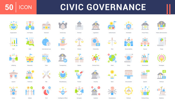 Civic Governance Icon Set. organization, civil rights, electoral, aristocracy, political and more. Flat vector icons collection.