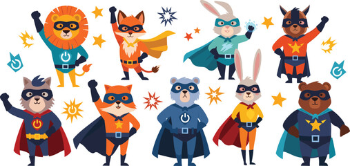 Cute Animal Superhero Characters Collection with Lion Fox Rabbit Bear Raccoon Heroes Wearing Capes Masks and Power Symbols Vector Illustration Set © Sumon Creative
