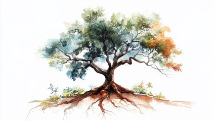 Fototapeta premium Watercolor tree with colorful canopy and exposed roots illustration. Long Term Care Planning Month