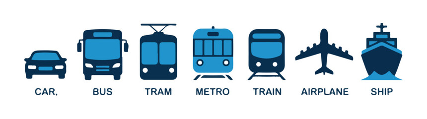 Blue and dark blue icons representing various vehicles including cars buses trams metros trains airplanes and ships © Moni