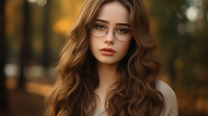 Obraz premium Young woman wearing glasses looking at camera in forest