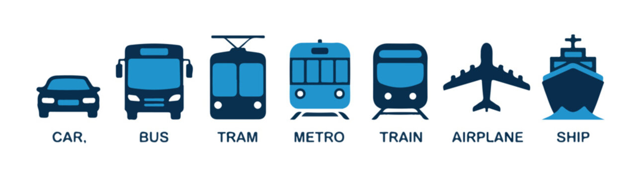 Blue and dark blue icons representing various vehicles including cars buses trams metros trains airplanes and ships