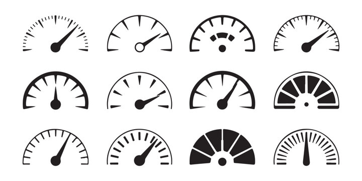 Abstract speedometer icons with various scale designs for measuring speed and performance in racing applications