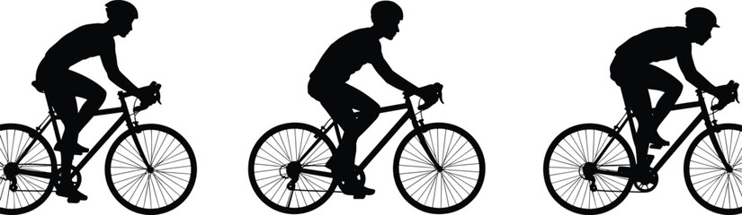 Fototapeta premium cyclist riding bicycle silhouettes collection, road bike rider side view, cycling sport activity isolated black bicycle silhouettes set