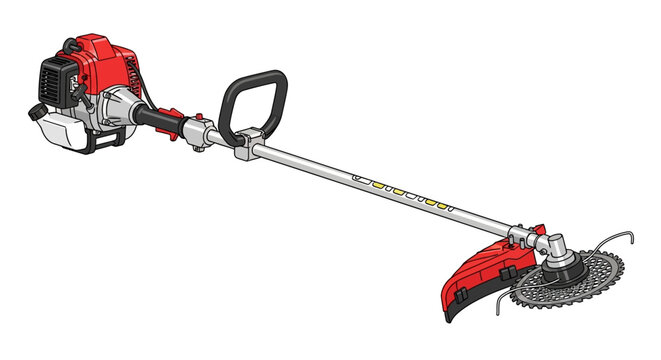 Vector illustration of a red and black gas-powered brush cutter