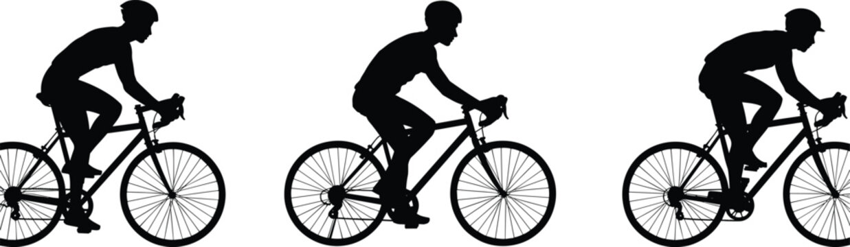 cyclist riding bicycle silhouettes collection, road bike rider side view, cycling sport activity isolated black bicycle silhouettes set