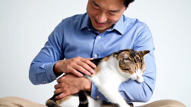 Man Gently Petting His Cat While Sitting, Close-Up Shot