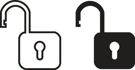 Two distinct unlocked padlock icons, one in outline style and the other solid black, symbolizing open access and security.