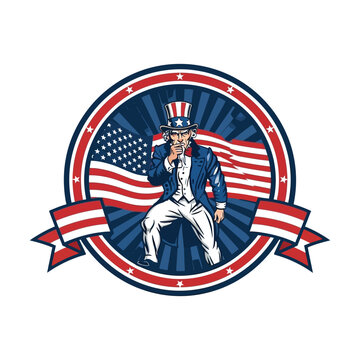 Vintage illustration of uncle sam saluting with american flag backdrop