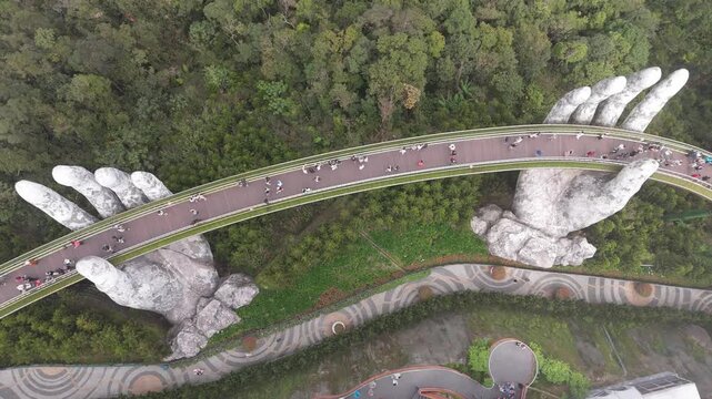 Drone Aerial View of Golden Bridge at Ba Na Hills, Da Nang Vietnam, 4K Cinematic