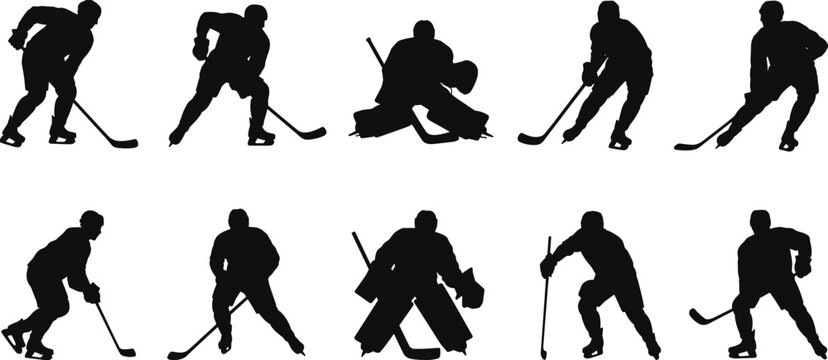 ice, hockey, players, silhouettes, set, skating, goalie, stick, puck, sport, action, game, competition, team, training, black, isolated, motion, activity, winter