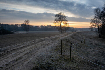 Droga idąca na wale przeciwpowodziowym nad rzeką o poranku wczesną wiosną © qrrr