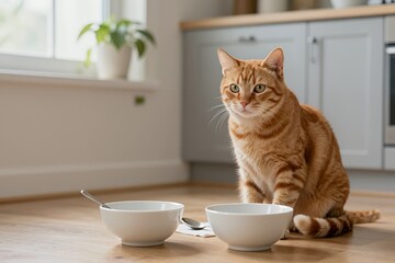 Orange Tabby Cat Sitting on a Wooden Table Near Two White Bowls in a Modern Kitchen